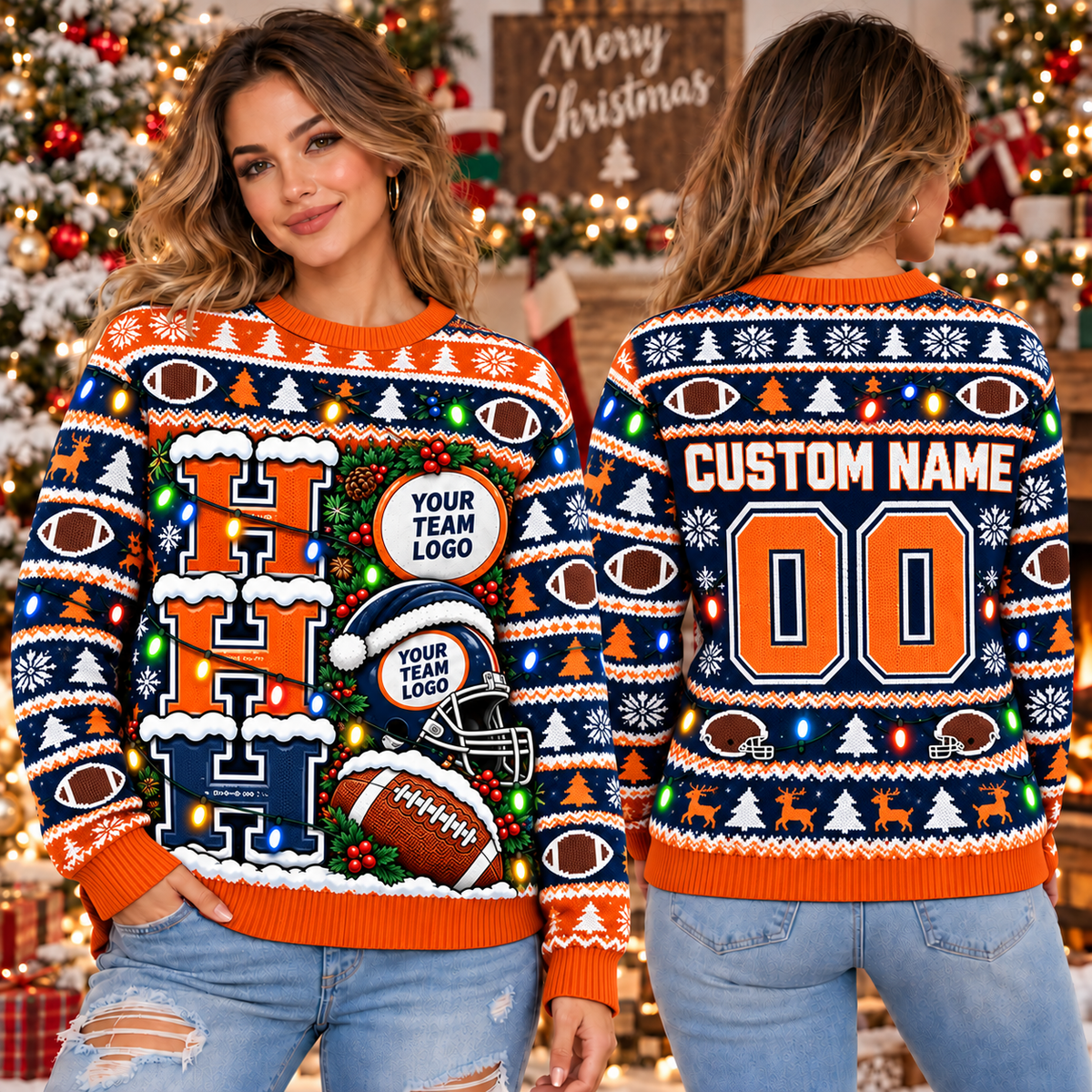 Ugly Christmas Football Sweatshirt, Custom Game Day Holiday Crewneck Sweater