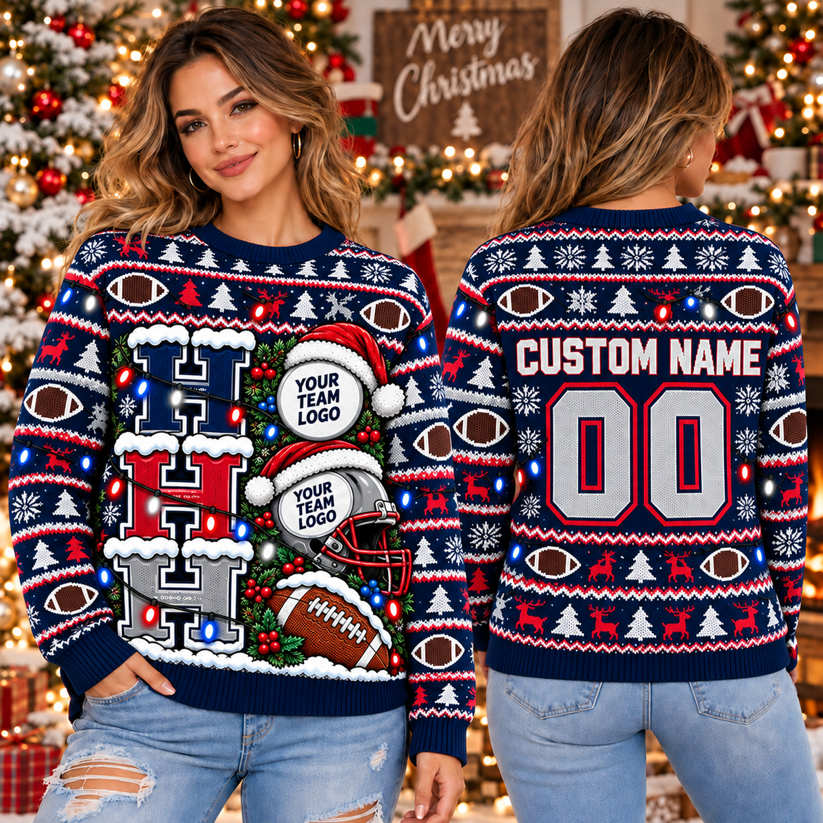 Custom Football Christmas Lights Ugly Sweater, School Team Holiday Pullover