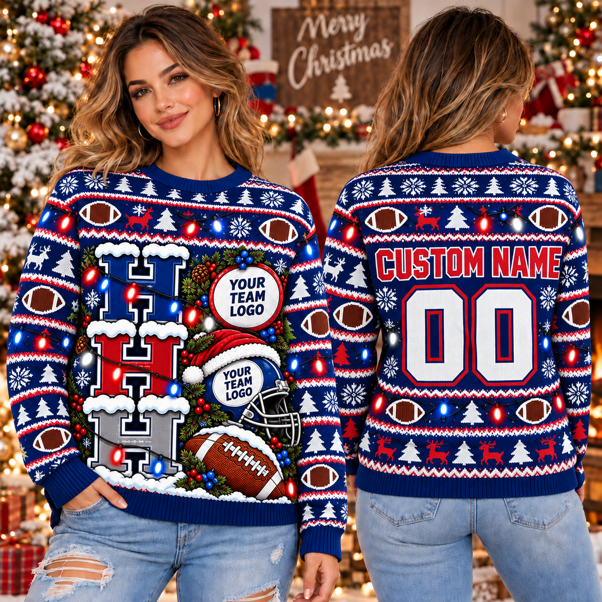 Personalized Football Ugly Christmas Sweater, Varsity Monogram Holiday Pullover