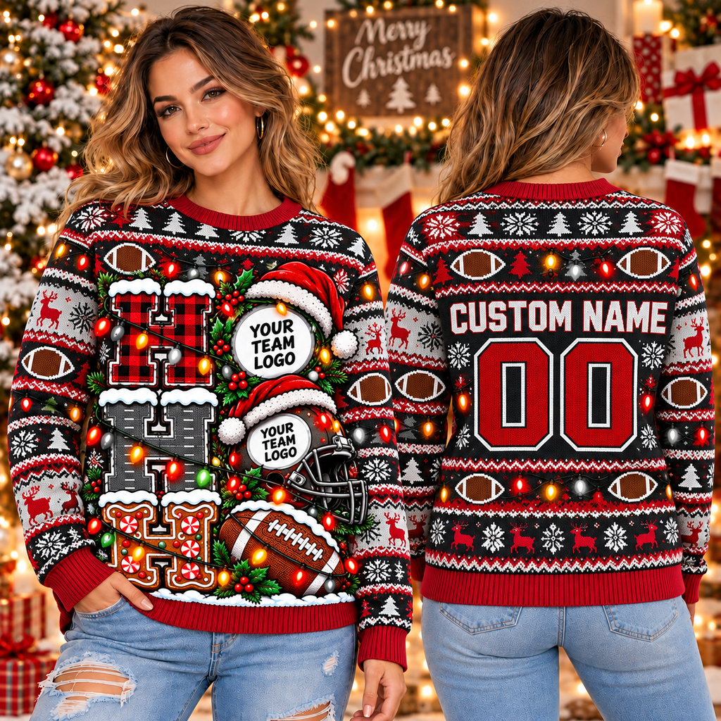 Custom Football Letter Ugly Christmas Sweater, Player Gift Crewneck