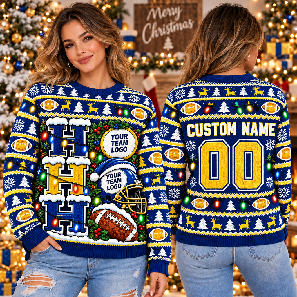 Custom Football Initial Ugly Christmas Sweater, Team Spirit Holiday Crewneck