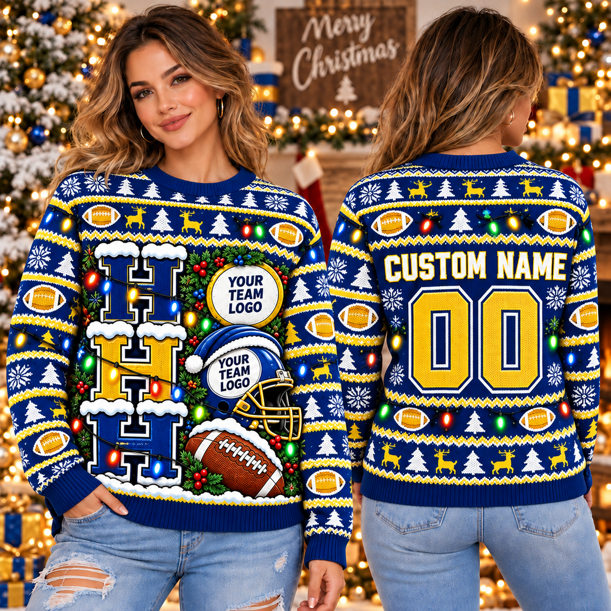 Custom Football Initial Ugly Christmas Sweater, Team Spirit Holiday Crewneck