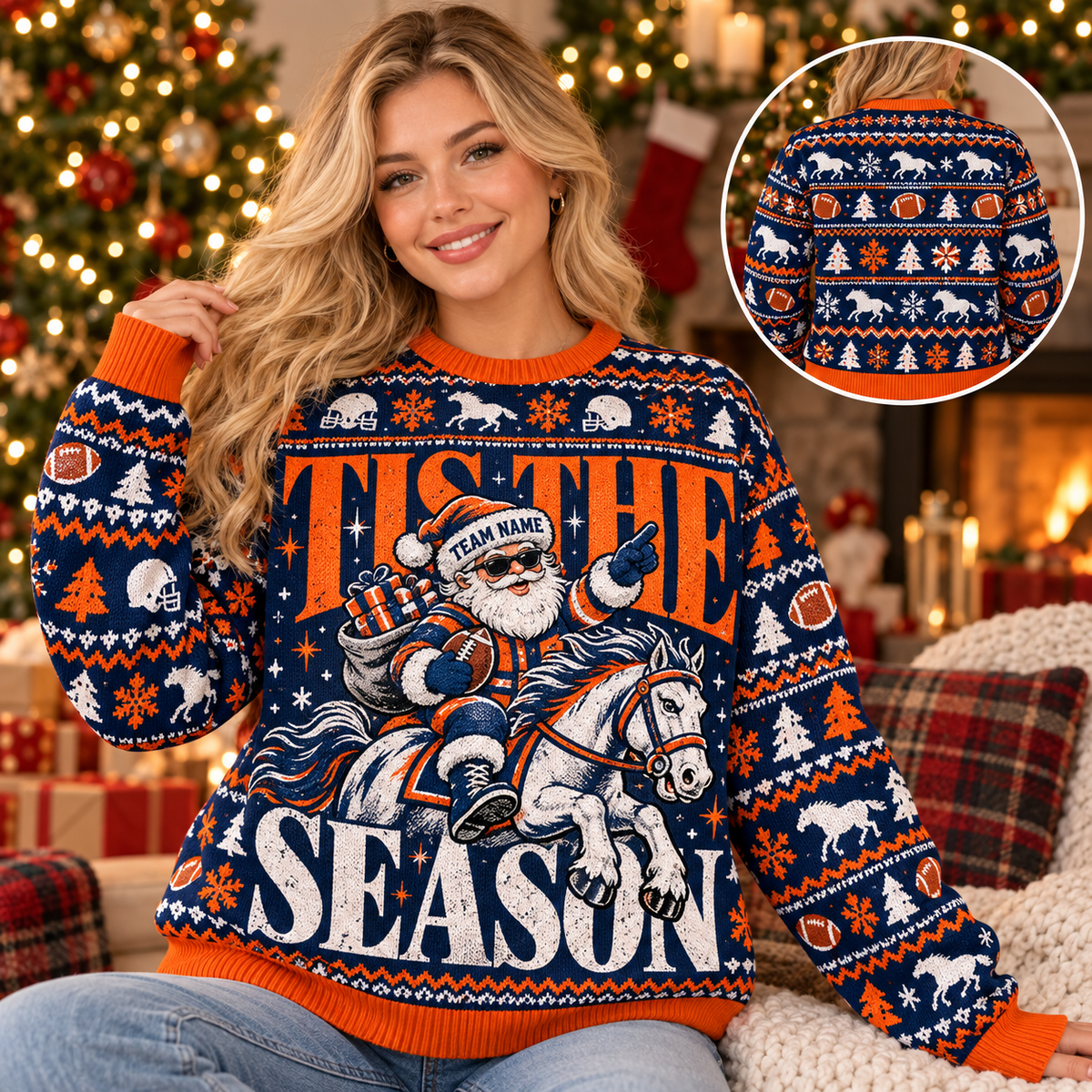 Custom Santa Football Ugly Christmas Sweater, School Fan Holiday Crewneck