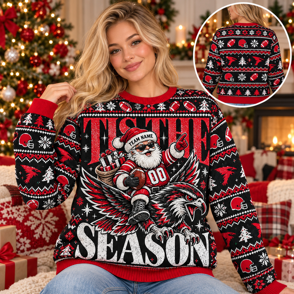 Custom Santa Football Ugly Christmas Sweater, Mascot Game Day Crewneck