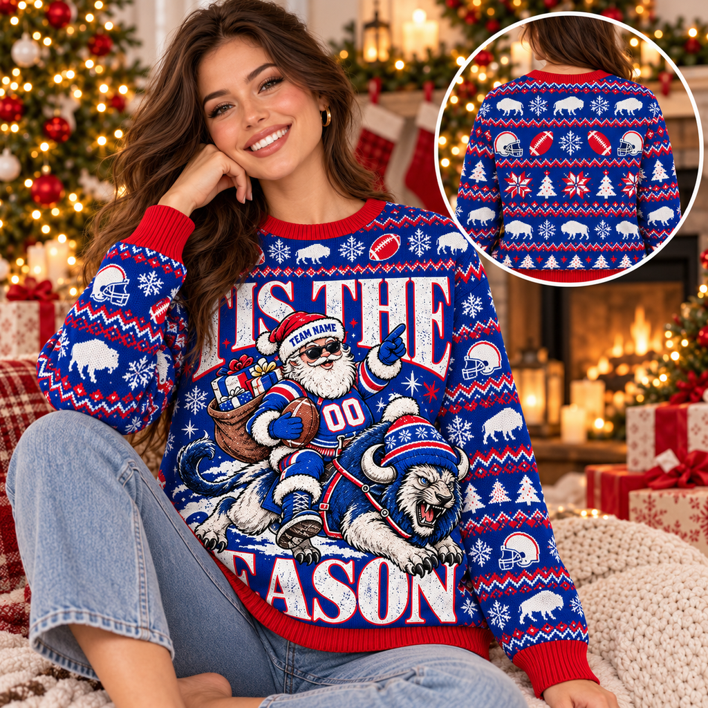 Custom Football Ugly Christmas Sweater, Santa Winter Game Day Pullover