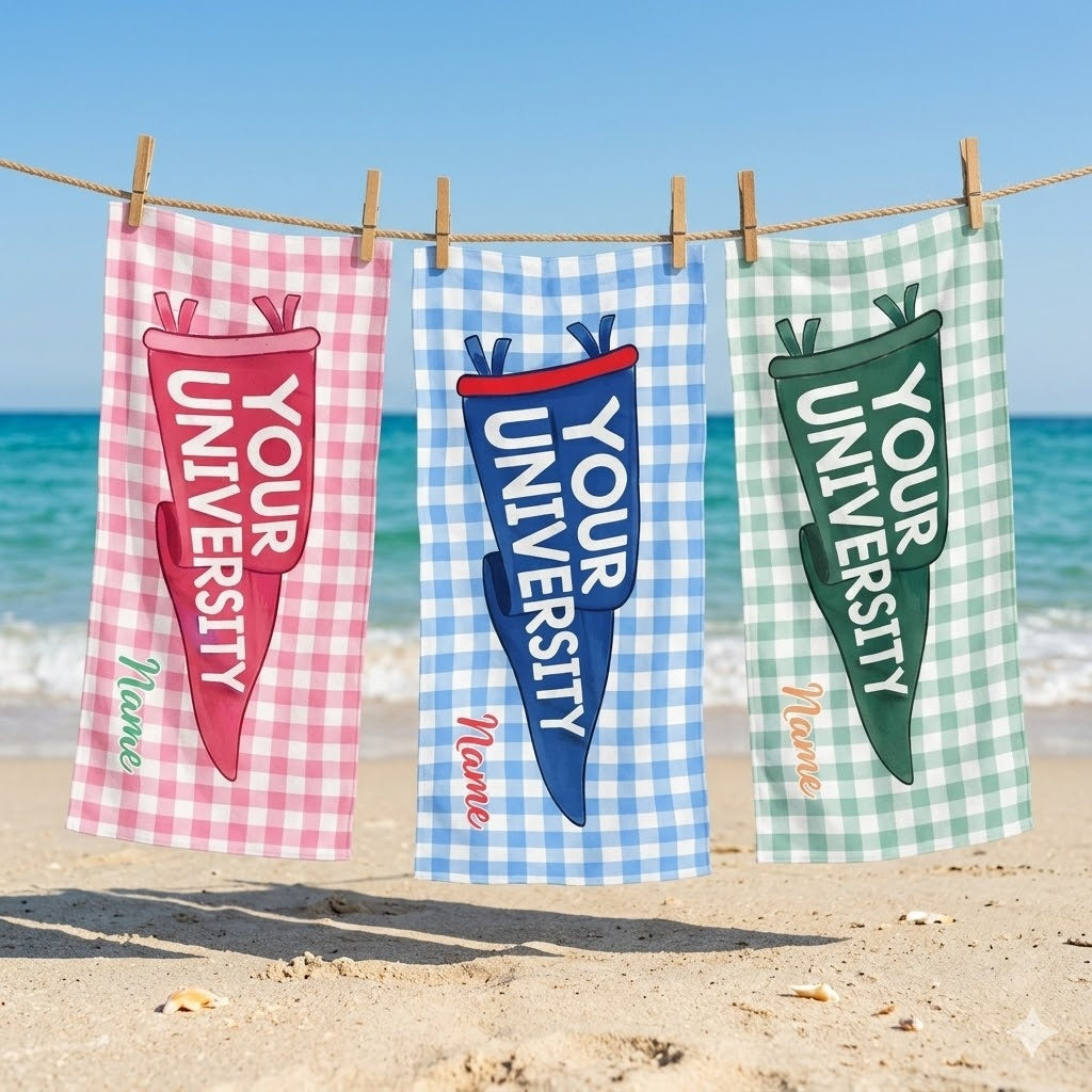 Personalized Gingham College Pennant Towel, Custom Graduation Summer Gift