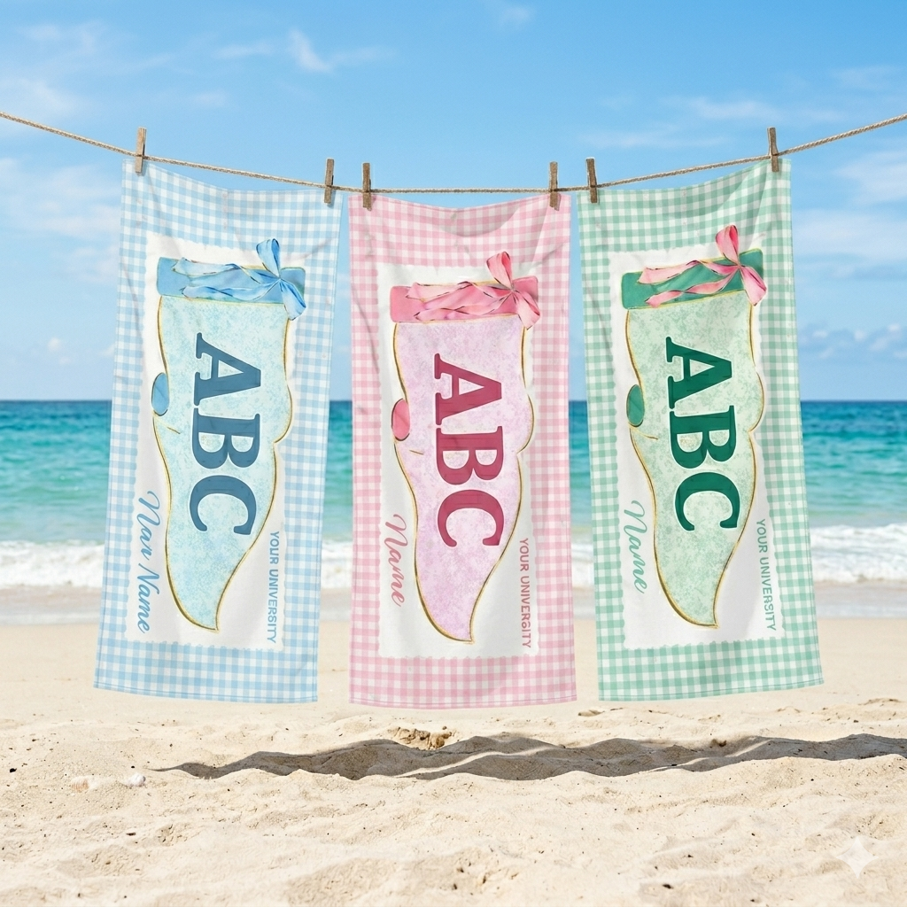 Custom Gingham Collegiate Pennant Beach Towel, School Spirit Pool Towel