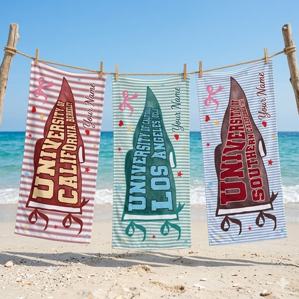 Custom College Pennant Bow Beach Towel, Cute School Spirit Pool Towel