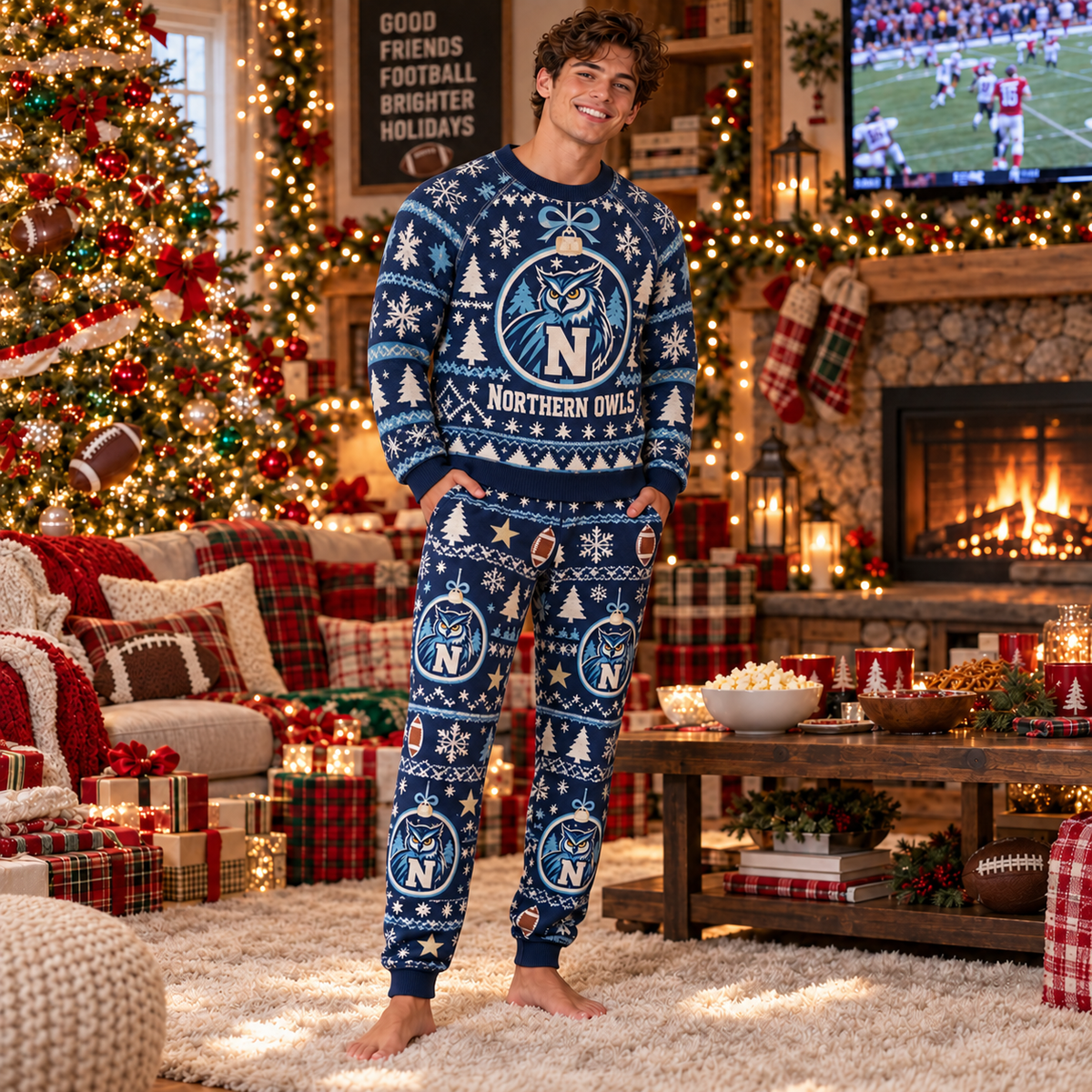 Custom Team Mascot Christmas Pajamas Set, School Spirit Football Pajamas