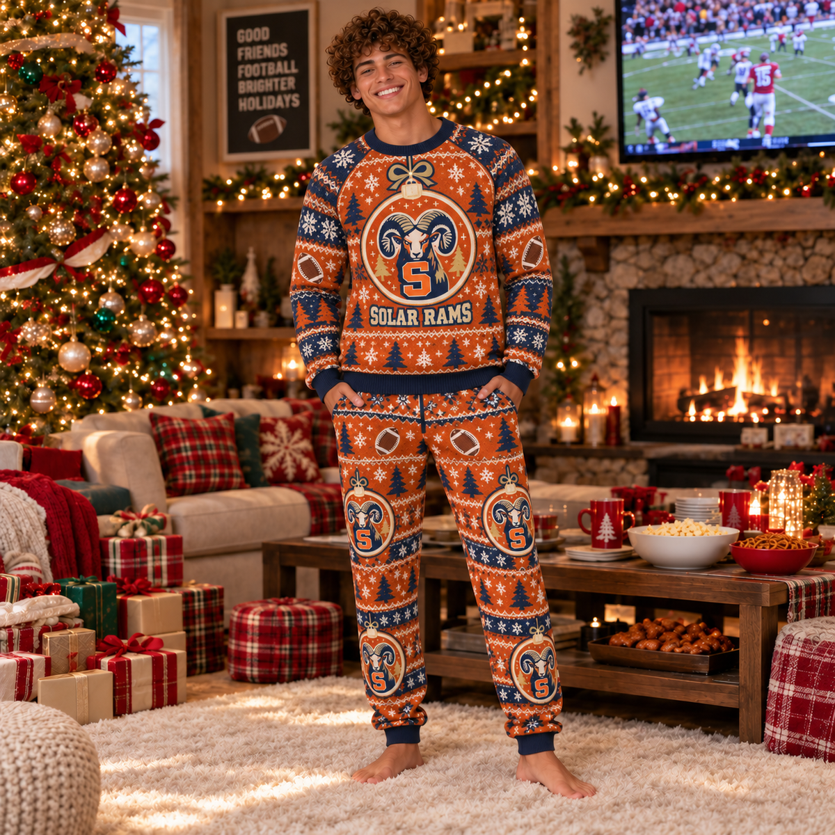 Custom Team Mascot Christmas Pajamas Set, School Spirit Football Pajamas