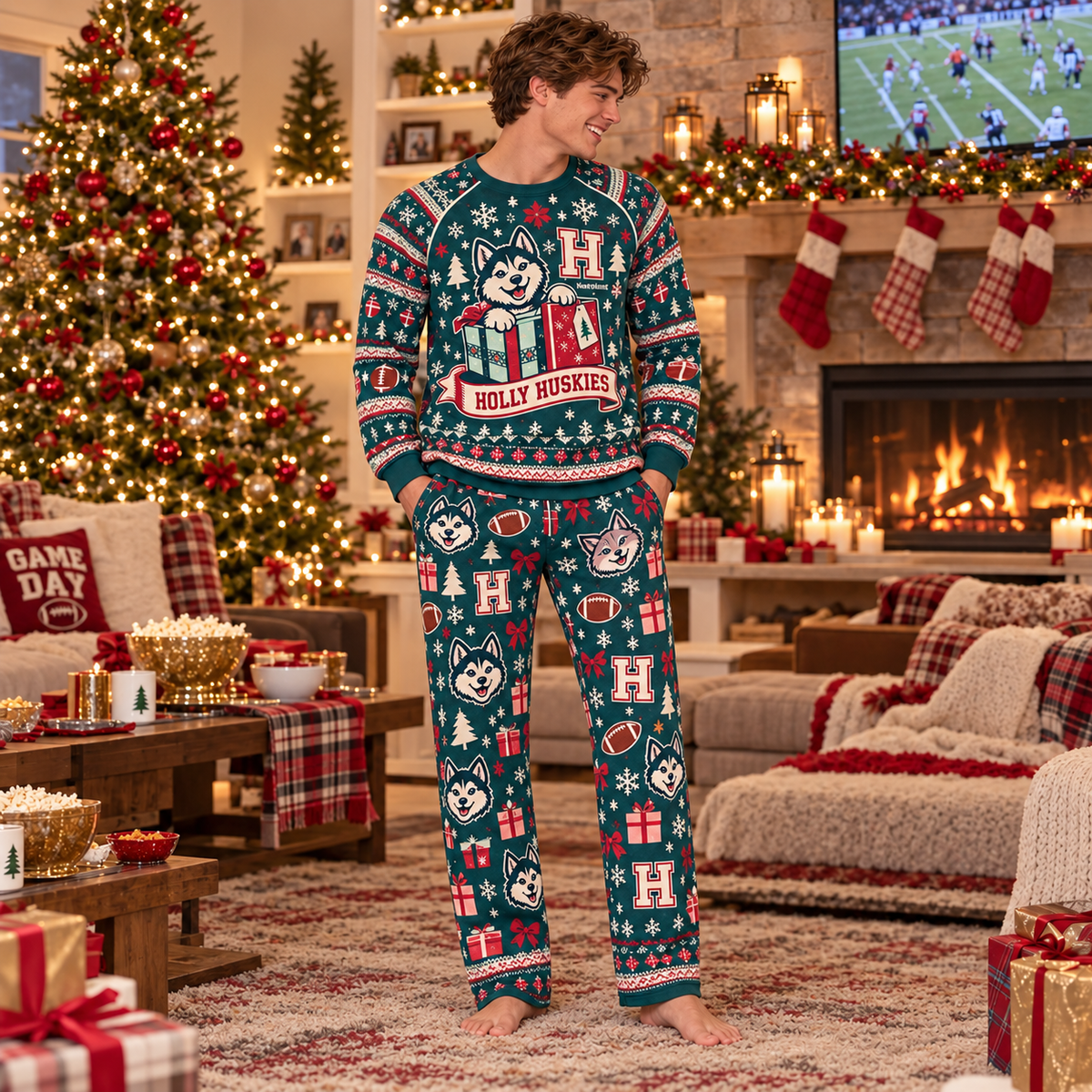 Custom Mascot Christmas Pajamas, Personalized School Name Lounge Set