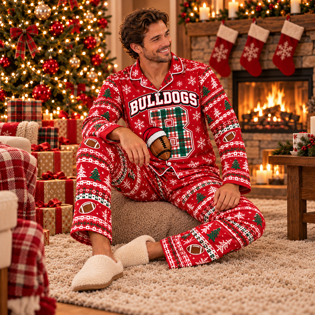Custom Football Christmas Pajamas, School Team Satin Sleepwear
