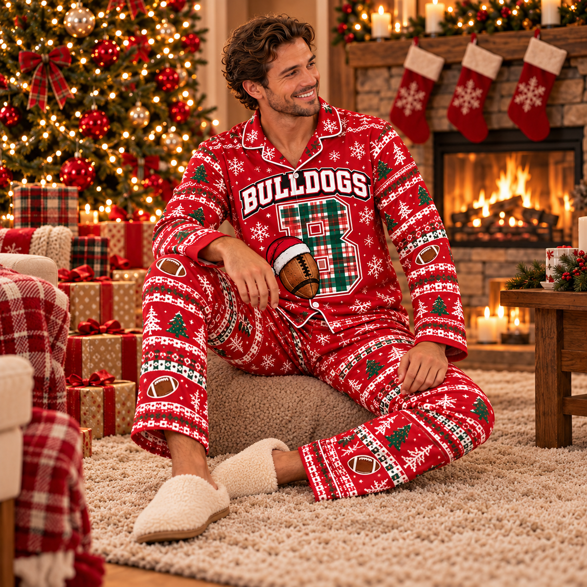 Custom Football Christmas Pajamas, School Team Satin Sleepwear