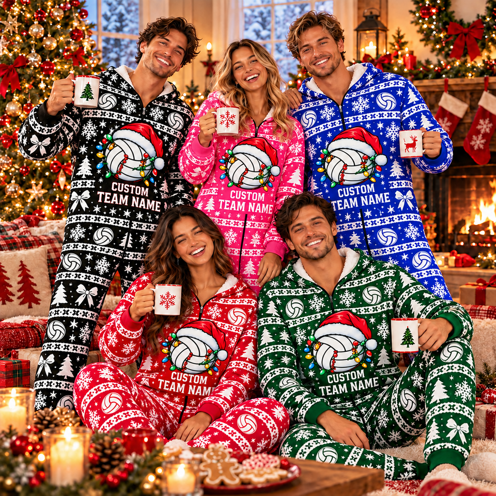 Matching Volleyball Christmas Pajamas, Custom Family Holiday Jumpsuit