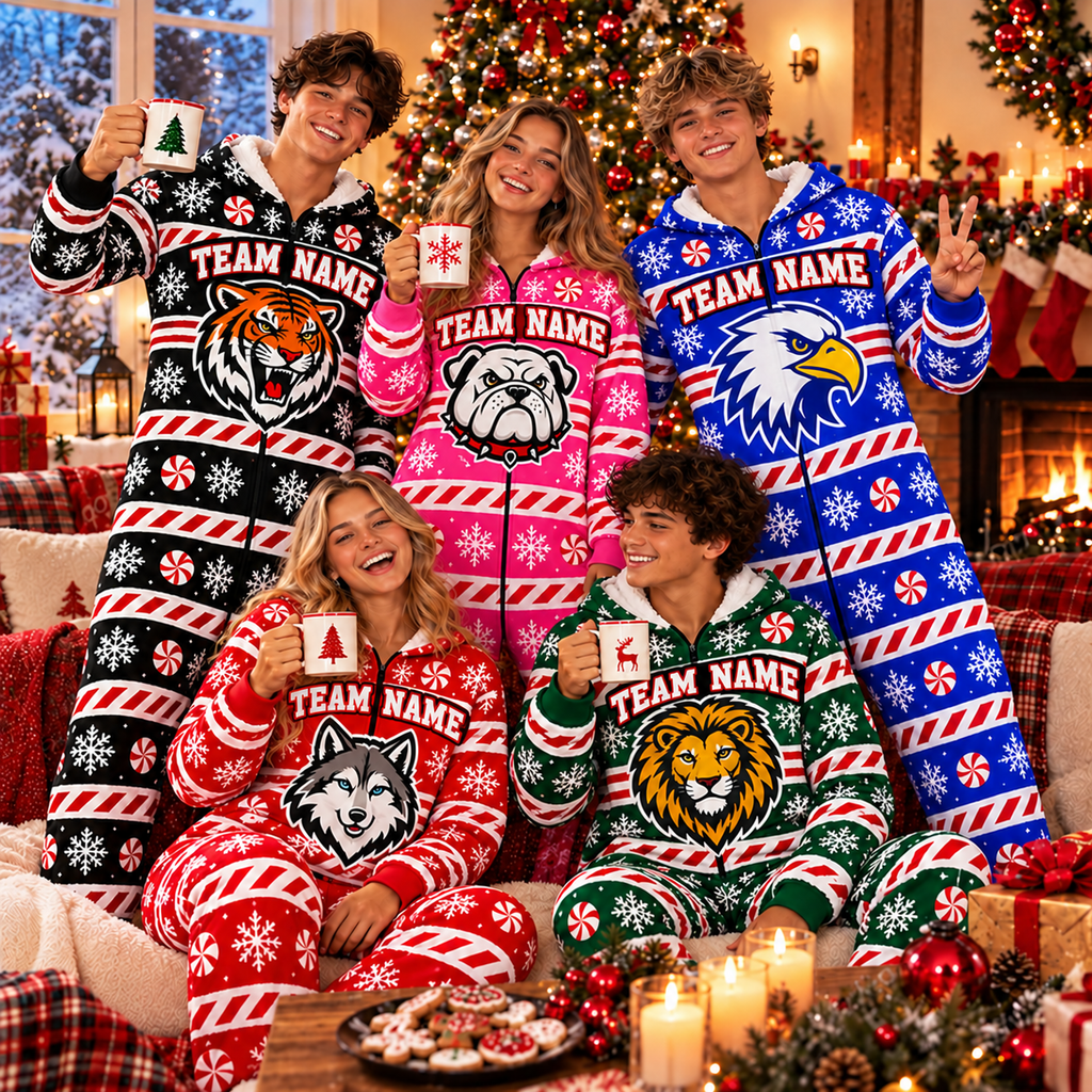 Matching School Mascot Christmas Pajamas, Custom Holiday Jumpsuit Loungewear
