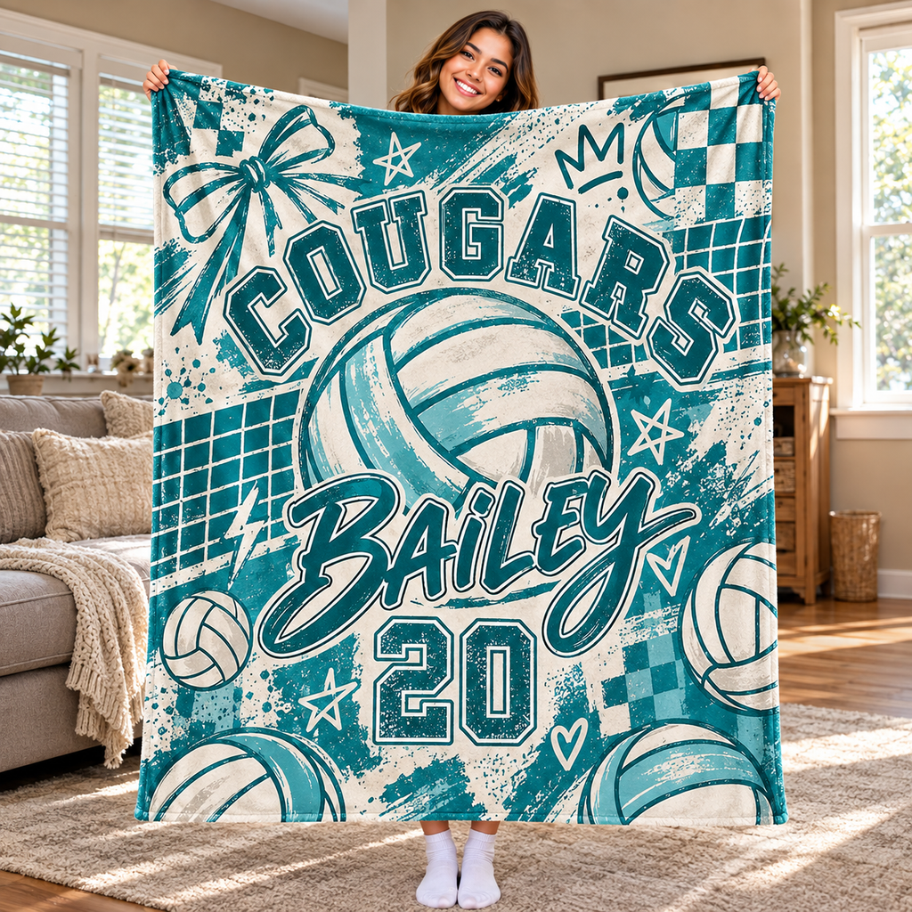 Personalized Volleyball Fleece Blanket, Custom School Spirit Fan Gift