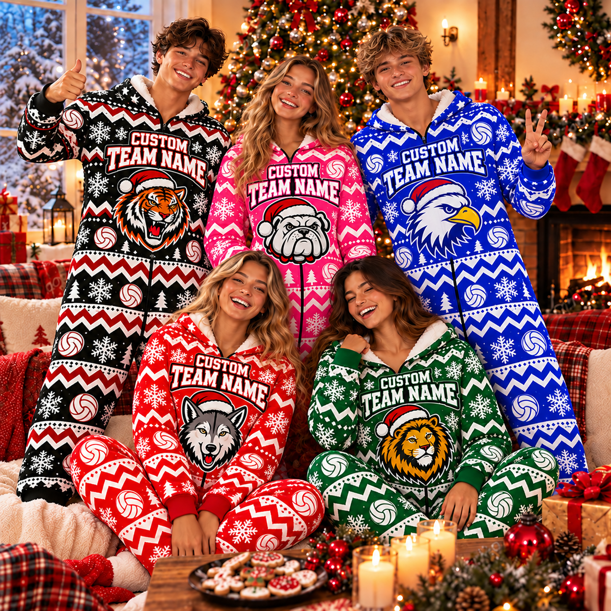 Matching Team Mascot Christmas Pajamas, Custom School Spirit Holiday Jumpsuit