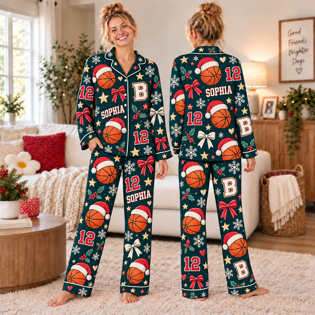 Custom Basketball Christmas Pajamas, Team Holiday Satin Sleepwear