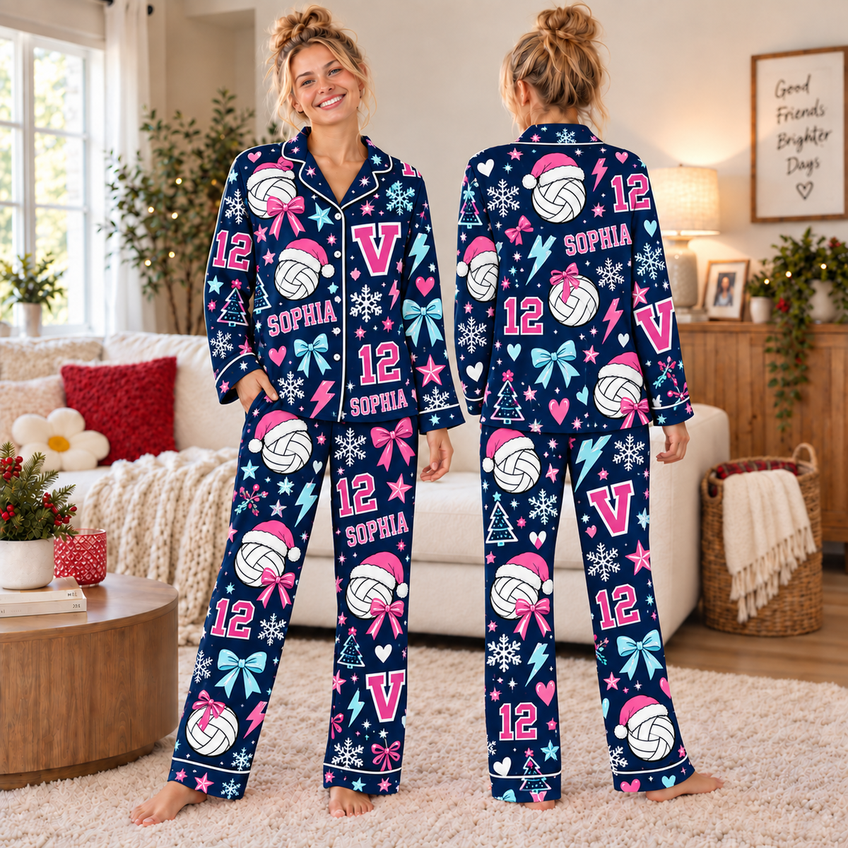 Custom Volleyball Christmas Pajamas, Personalized Player Name and Number Volleyball Holiday Sleepwear