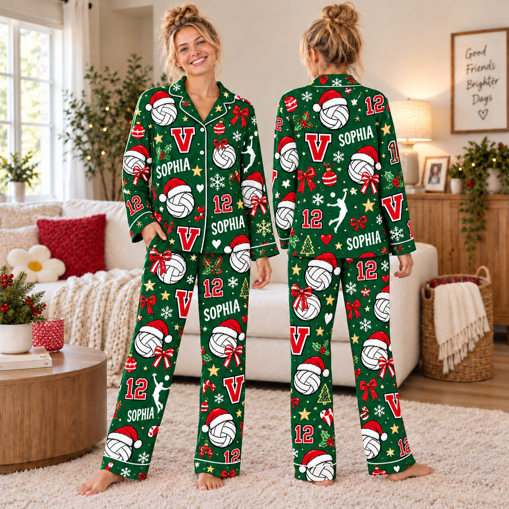 Personalized Volleyball Holiday Pajama Set, Custom Player Name Number and Initial, Festive Volleyball Sleepwear