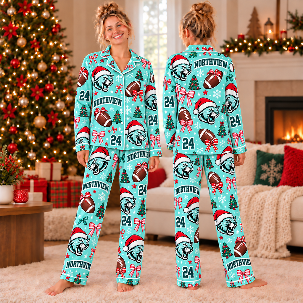 Custom Mascot Football Christmas Pajamas, Satin Sleepwear for Team Families
