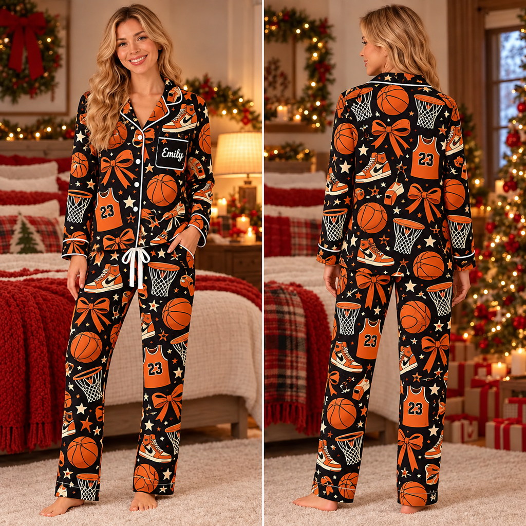 Personalized Basketball Christmas Pajama Set, Custom Name Basketball Bow Sleepwear