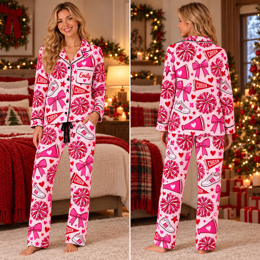 Personalized Cheer Bow Pajamas, Custom Name Cheerleader Sleepwear Set, Coquette Cheer Team Gift