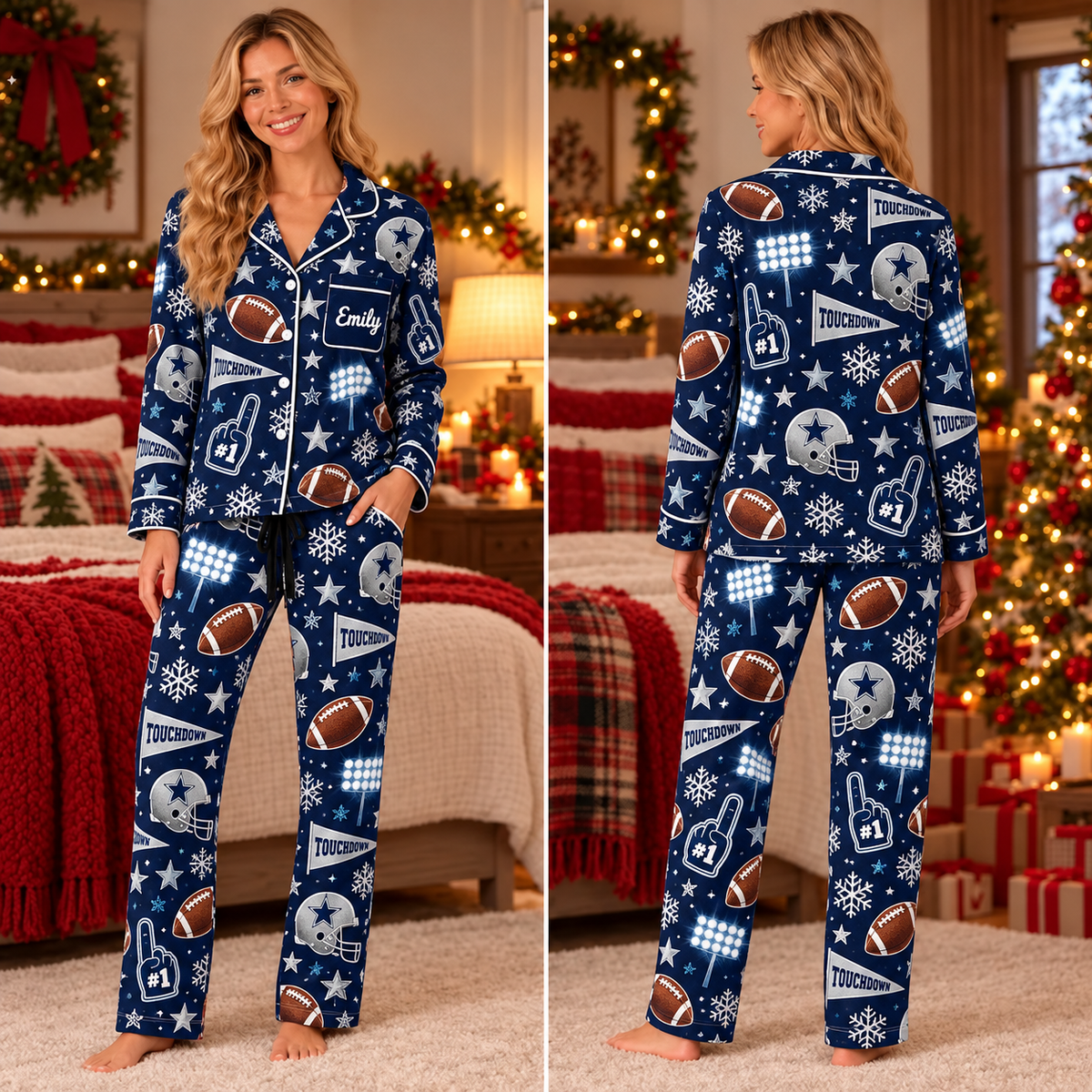 Personalized Football Christmas Pajamas, Team Spirit Satin Sleepwear, Football Fan Winter PJs