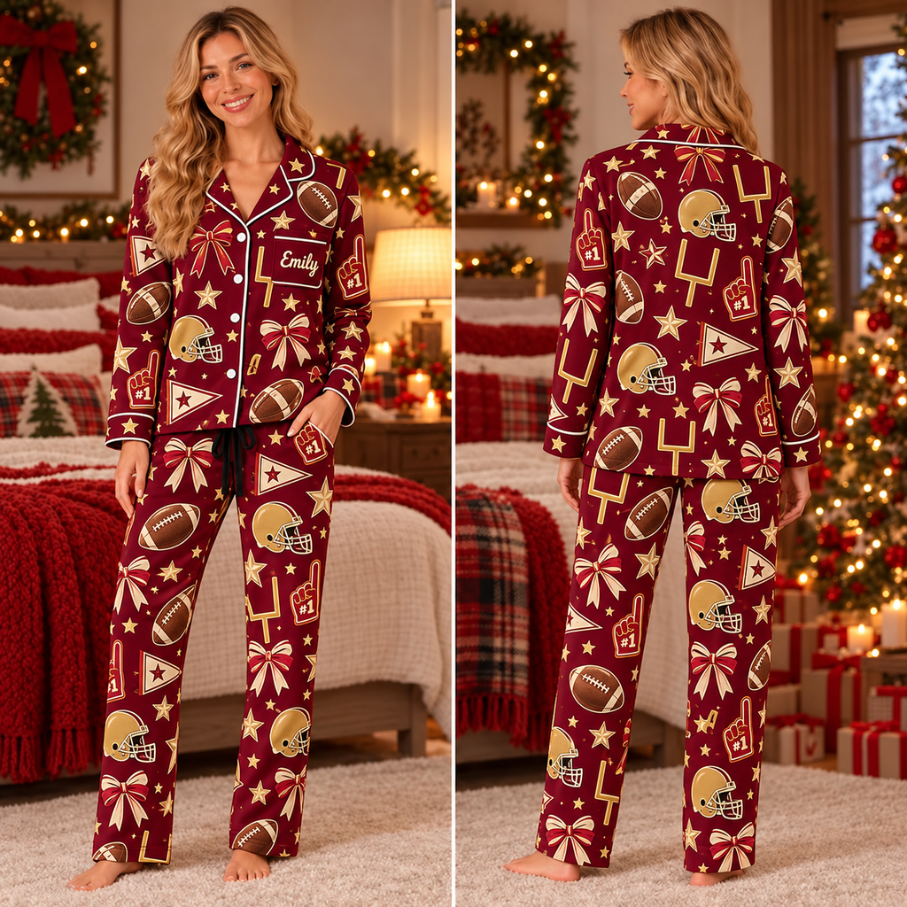 Personalized Football Christmas Pajamas, Game Day Satin Sleepwear Set