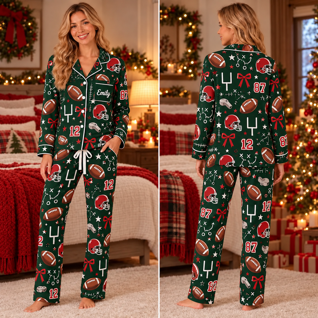 Personalized Football Playbook Christmas Pajamas, Football Fan Game Day Satin Set