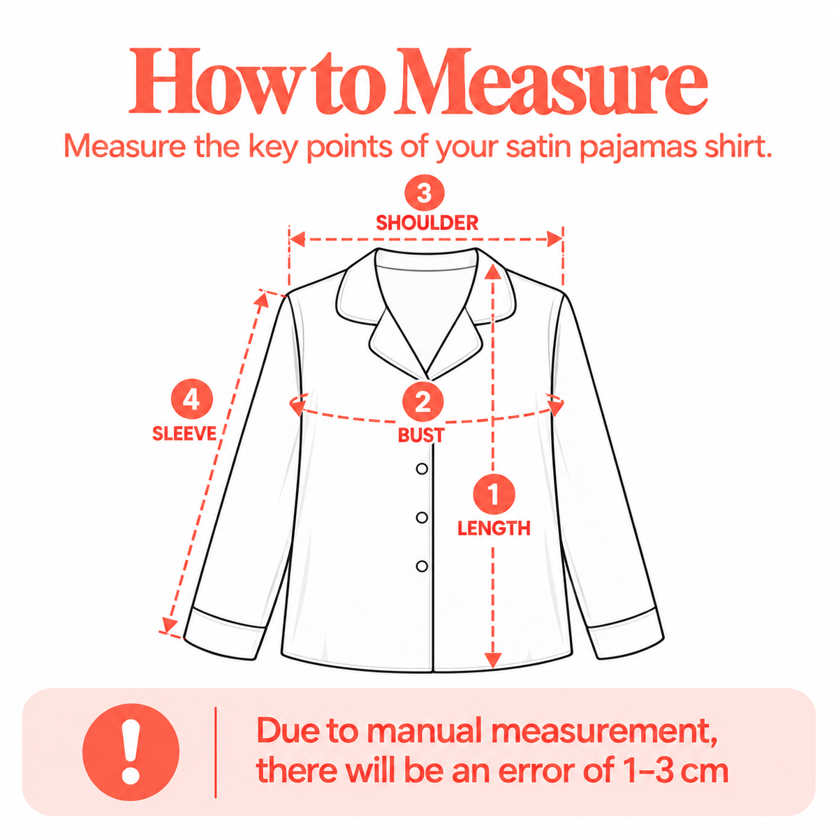 Satin Pajamas Shirt Size Chart measurement diagram