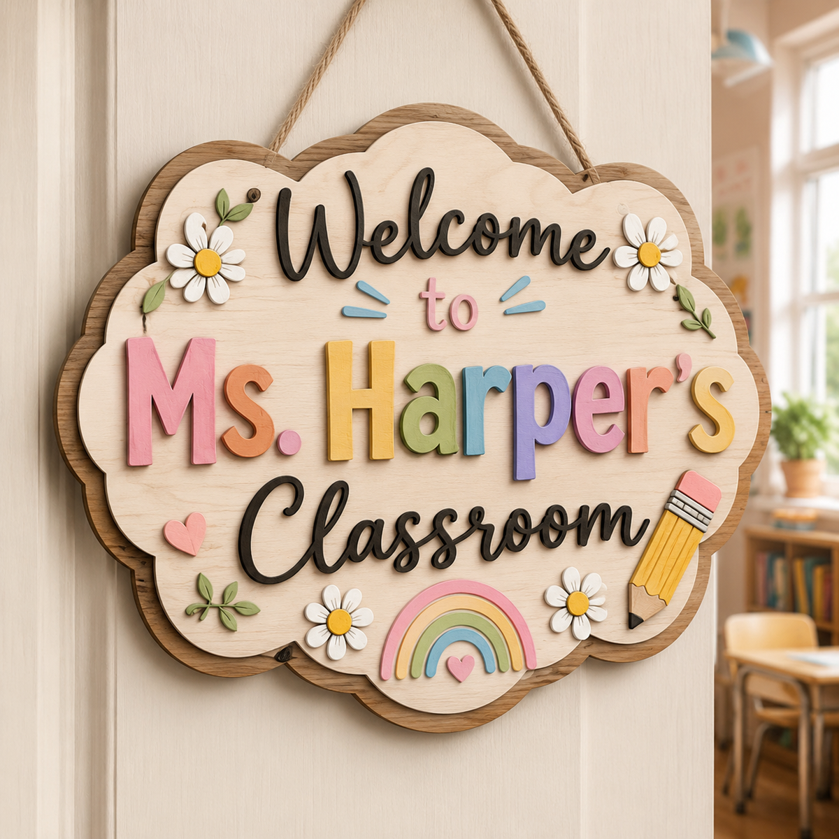 Custom Name Teacher Wooden Sign, Personalized Pastel Classroom Door Hanger - product image 1