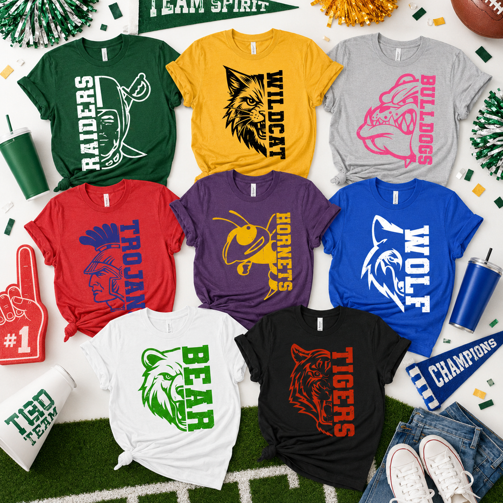 Custom Split Mascot T-Shirt, Proud School Spirit Game Day Gift