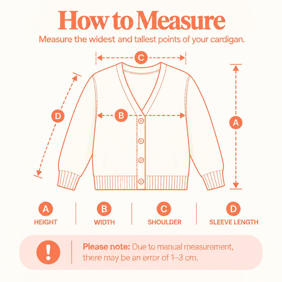 AOP Cardigan size chart measurement diagram