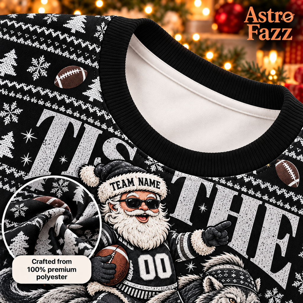 Personalized Mascot Christmas Sweatshirt, Custom Holiday Game Day Sweater - AstroFazz close-up, 100% premium polyester