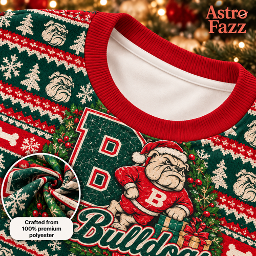 Bulldogs Ugly Christmas Sweater, Santa Bulldog Game Day Sweatshirt - AstroFazz close-up, 100% premium polyester