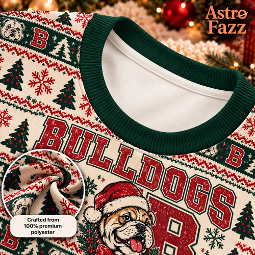 Bulldogs Ugly Christmas Sweater, Cream Holiday Mascot Crewneck - AstroFazz close-up, 100% premium polyester