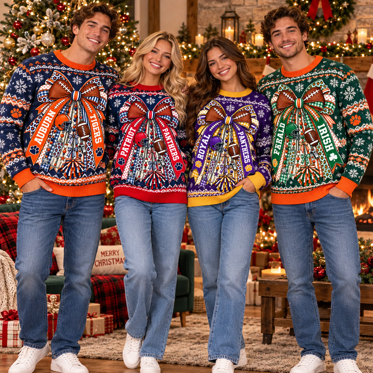 Personalized Football Cheer Bow Holiday Sweater, Custom Family Game Day Gift - product image 1