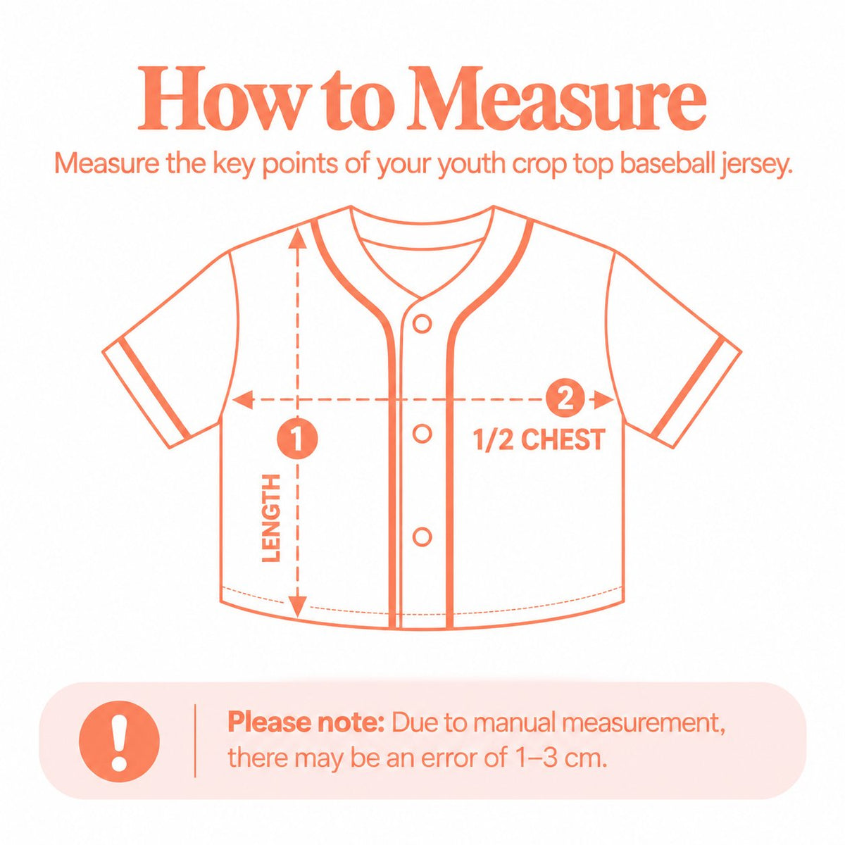 AOP Youth Croptop Baseball Jersey measurement diagram