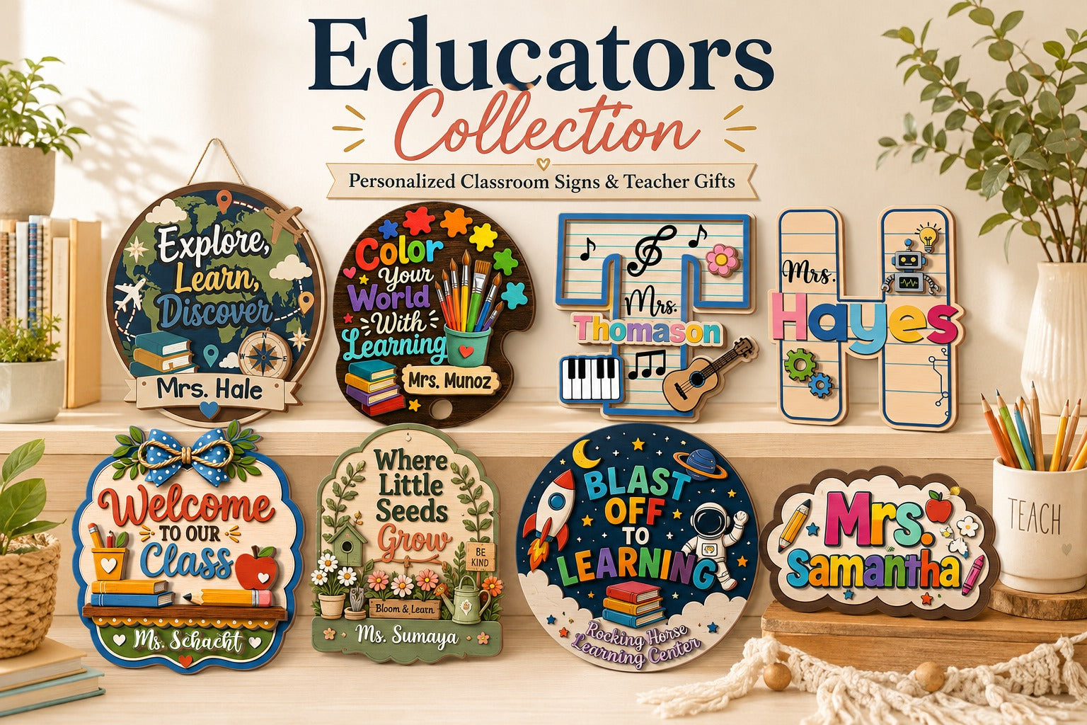 Personalized classroom signs and teacher gifts in the Educators collection